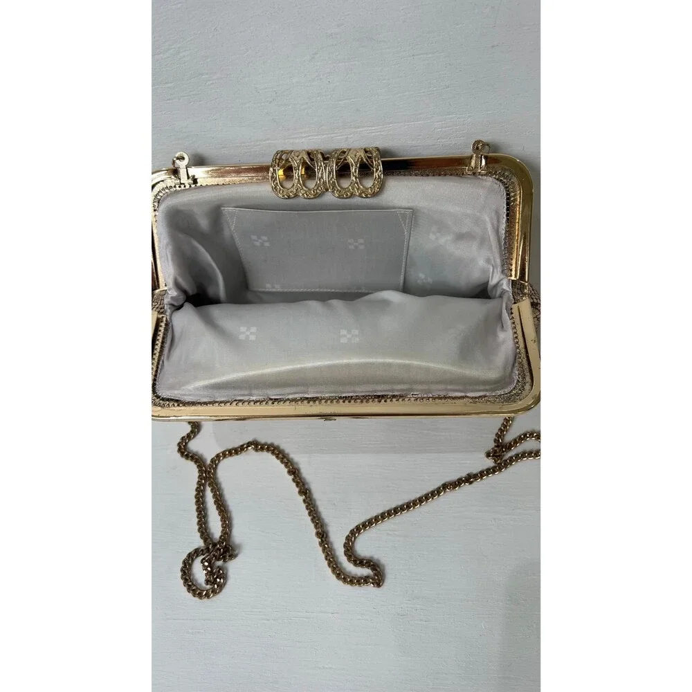 Vintage Gold Mesh Elegant Evening Bag With Rhinestone Clasp & Chain Strap Prom W